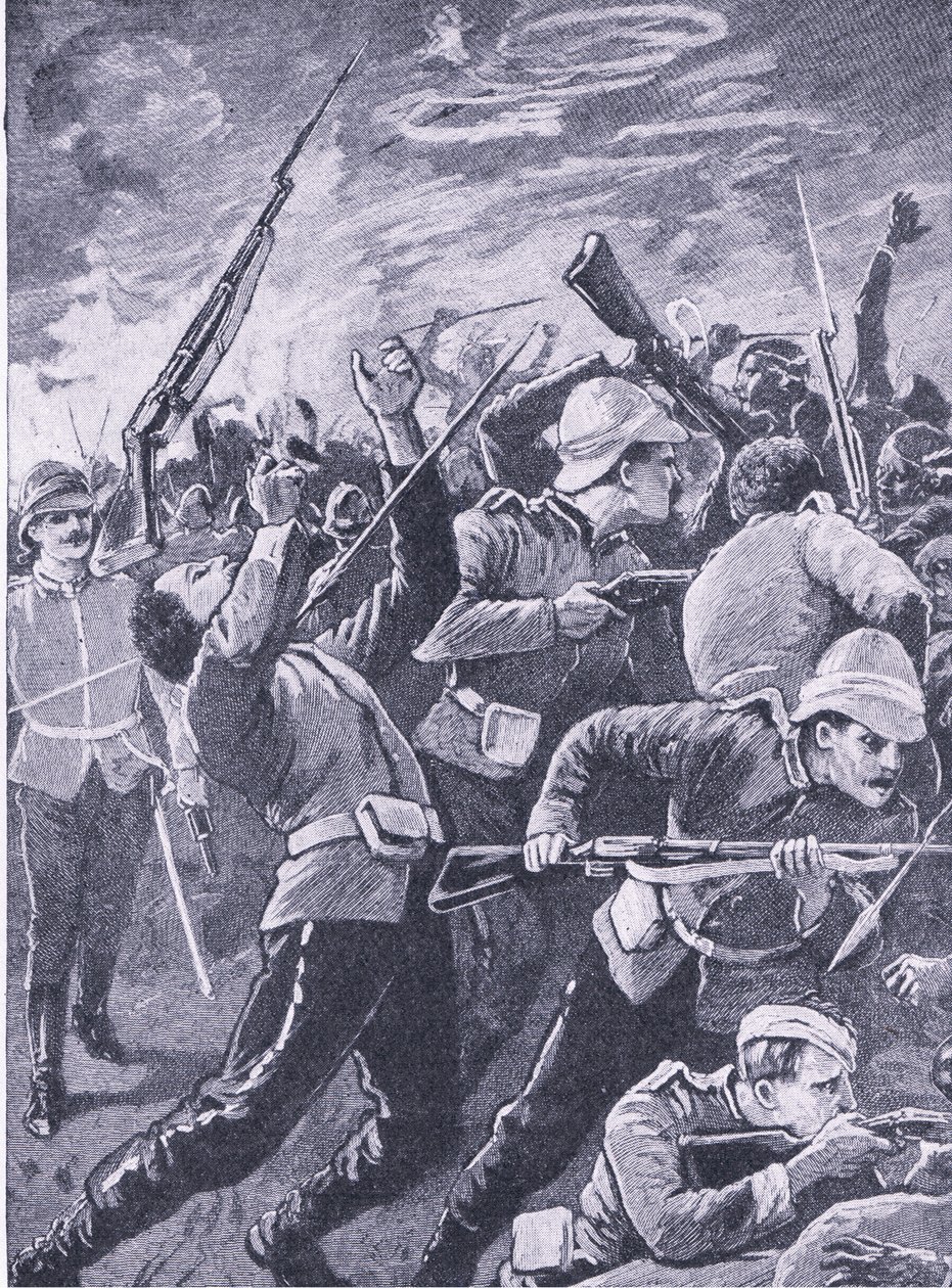 Forsvaret af Rorkes Drift, illustration fra British Battles on Land and Sea, 1915 af Richard Caton Woodville junior