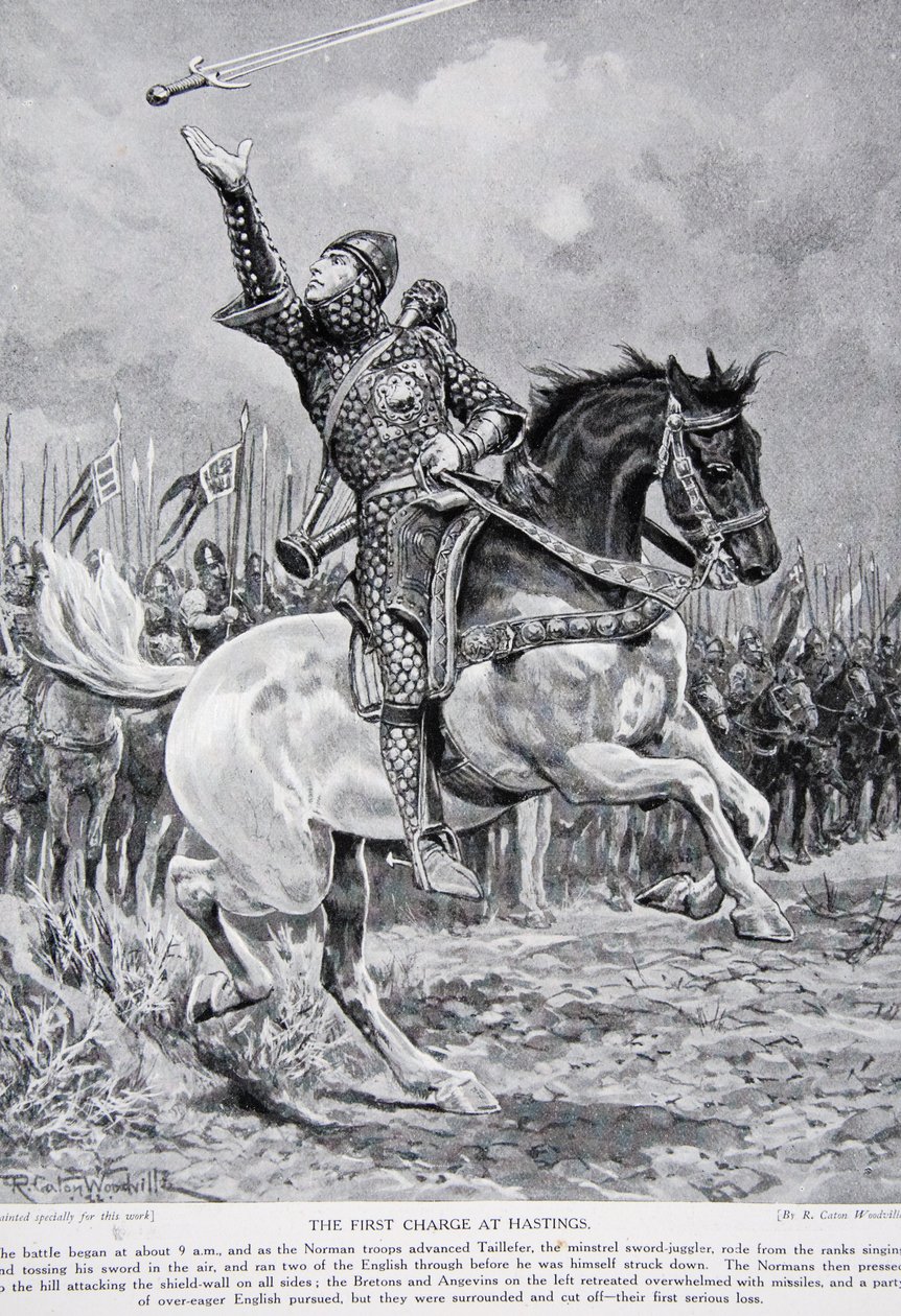Det første angreb ved Hastings: Taillefer, den minstrel-sværd-jonglør, red fra rækkerne syngende og kastede sit sværd i luften, 1066, illustration fra 
