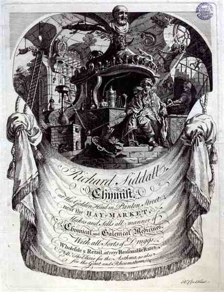 Handelskort til Richard Siddall, kemiker, ved Golden Head, Panton Street, London (gravering) af Richard Clee