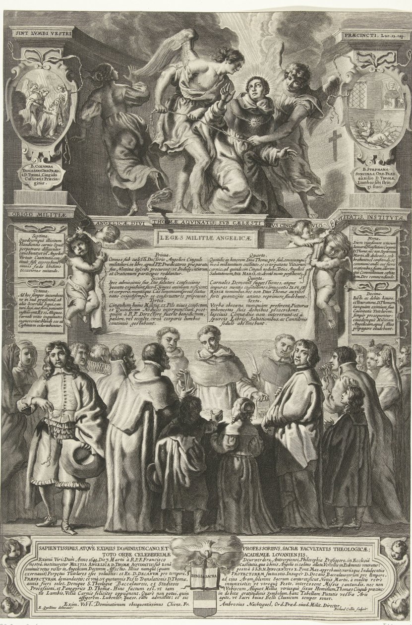 Instelling van de broederschap Militia Angelica af Thomas Aquinas, 1649 Oprindelsen af ​​englemilitsen, den guddommelige Thomas Aquinas; under hans himmelske kyskhedsbælte, indstiftet (titel på objekt) af Richard Collin