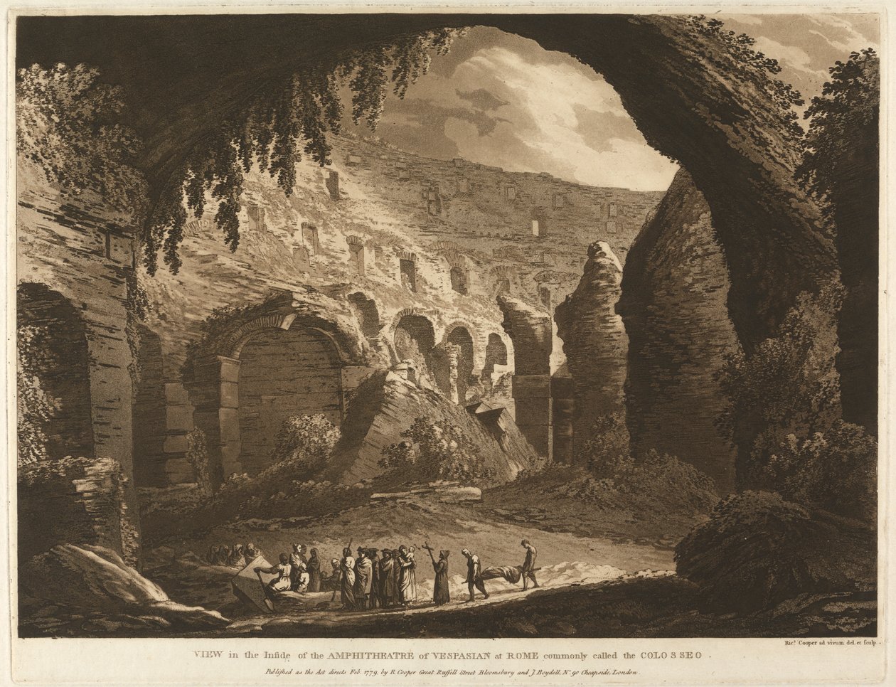 Udsigt i det indre af Amphitheatre of Vespasion i Rom, almindeligvis kaldet Colosseo af Richard Cooper the Elder