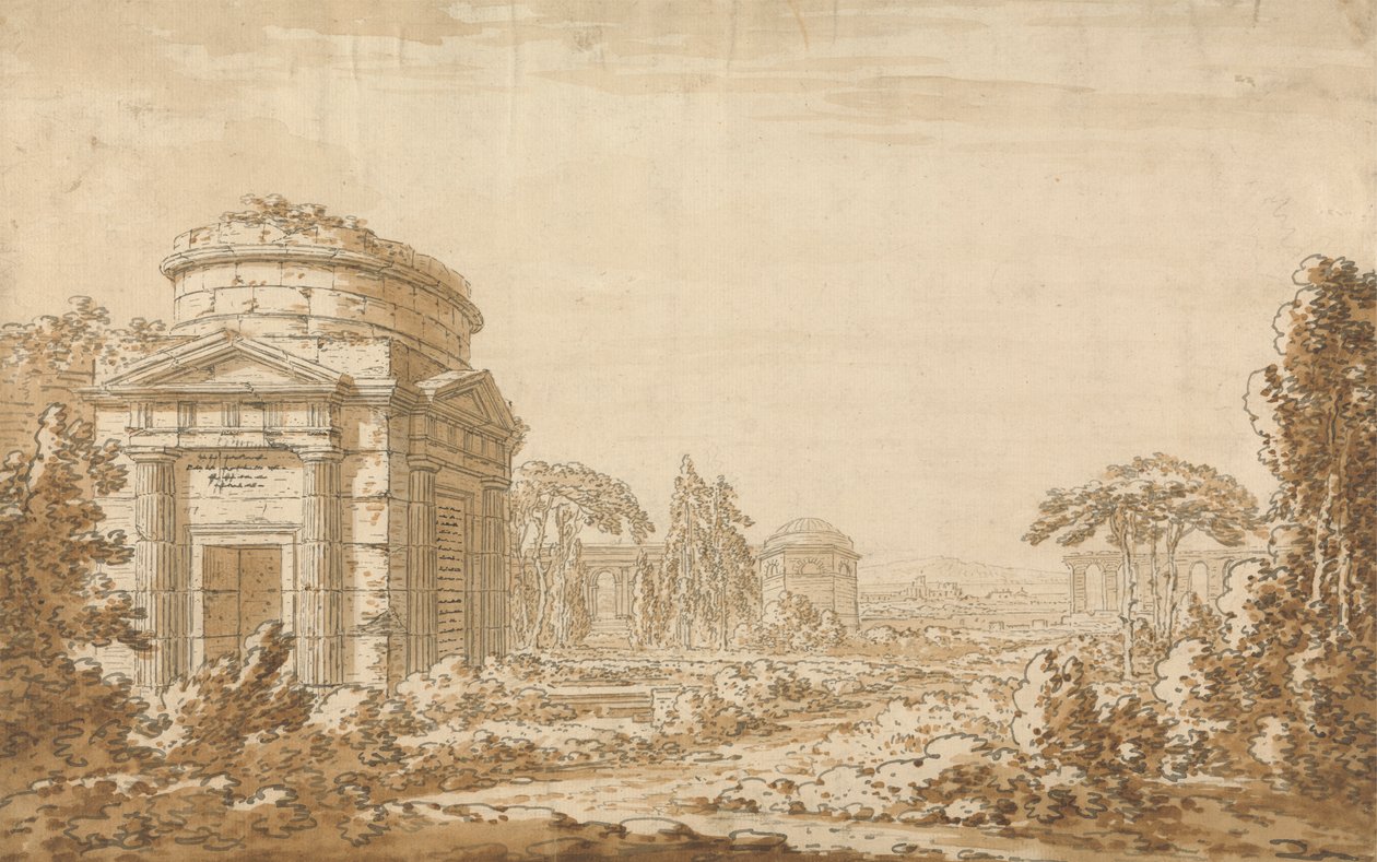 Klassisk italiensk landskab med templer og en ødelagt akvædukt af Richard Cooper the Younger