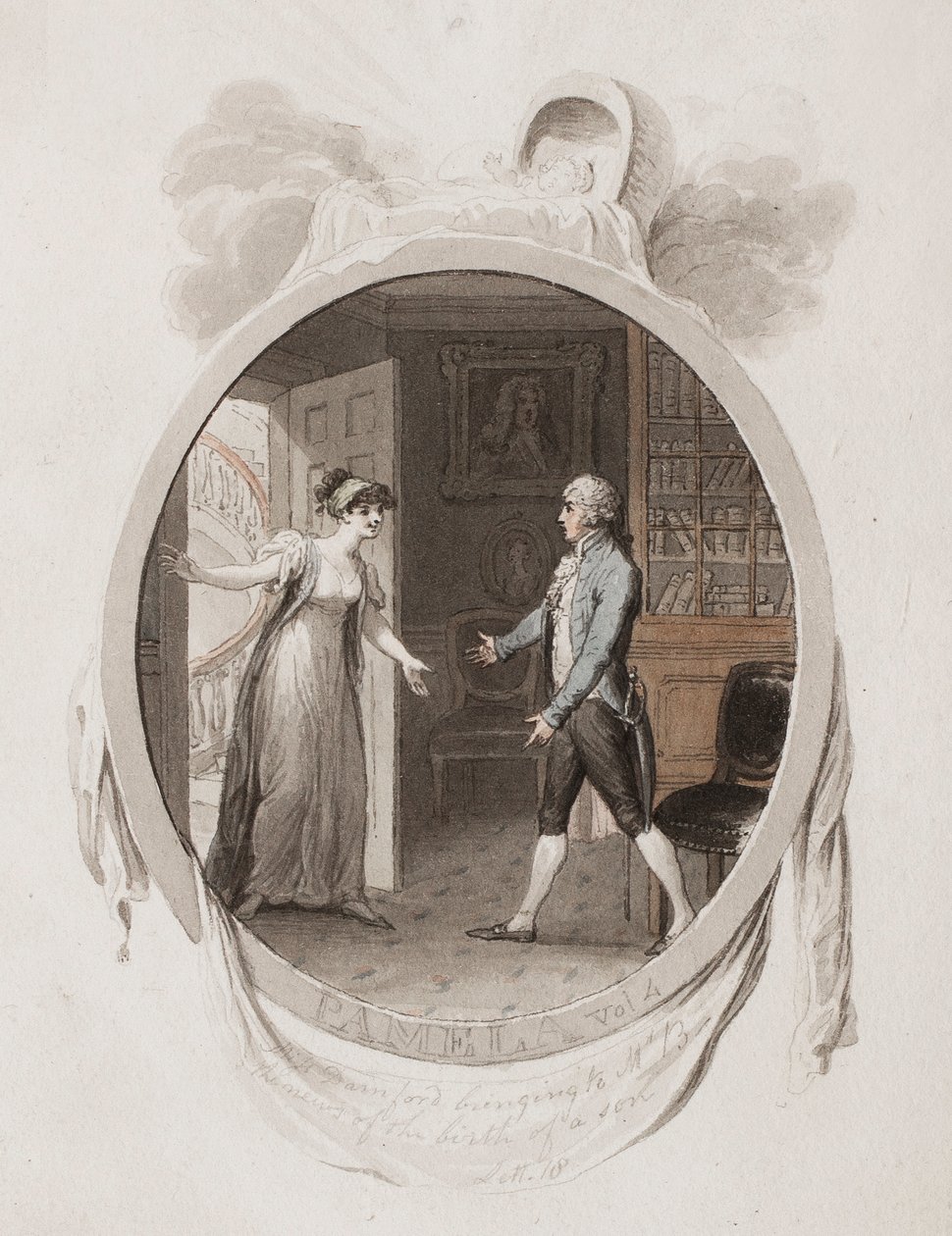 Miss Darnford bringer til hr. B nyheden om fødslen af en søn, Lett. 18, illustration til en 1802-udgave af 