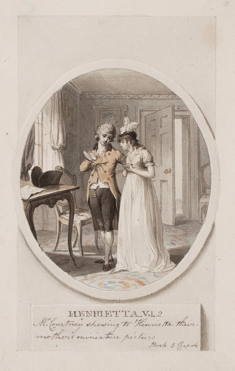 Hr. Courtney viser Henrietta deres mors miniaturebillede, Bog 5, kapitel 4, illustration til en 1798-udgave af "Henrietta" af Charlotte Lennox, ca. 1798 (blyant og wc på papir) af Richard Corbould