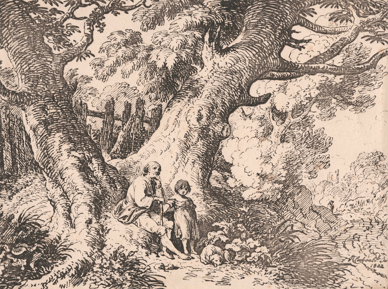 Gamle træer med gammel mand, barn og hund af Richard Corbould