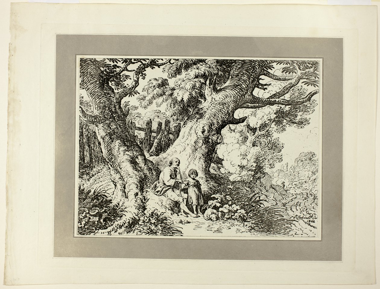 Gamle træer med gammel mand, en pige og en hund, fra det første nummer af Specimens of Polyautography af Richard Corbould