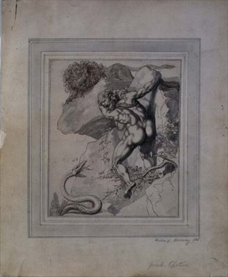 En mand fanget mellem en løve og en slange, ca. 1790 (pen og brunt blæk, grå vask på papir) af Richard Cosway