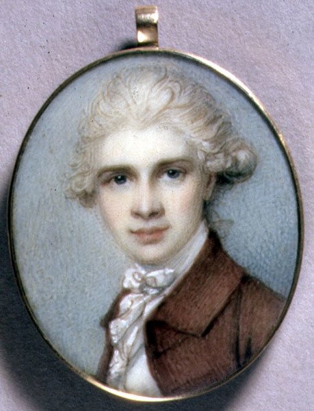 Portræt miniature af en ung mand i en brun frakke af Richard Cosway