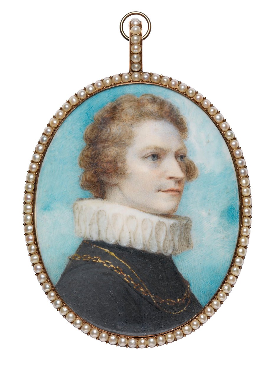 Selvportræt i elizabethansk kostume; en lok af hans hår (på bagsiden) af Richard Cosway
