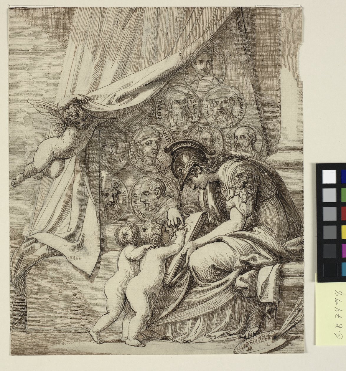 Det geniale ved at male. Minerva instruerer putti i malerkunsten. Design til Pierre Condés radering, mindesmærke for Robert Udney Esq. af Richard Cosway