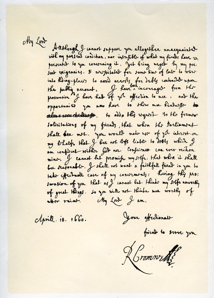 Brev fra Richard Cromwell, Lord Protector, til general George Monck, 18. april 1660. af Richard Cromwell