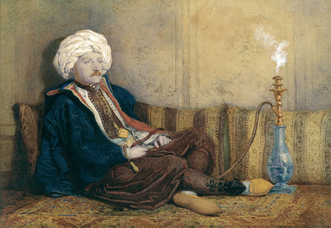Portræt af Sir Thomas Philips i østlig dragt, liggende med en vandpibe (hvidt hævet med hvidt på papir) af Richard Dadd