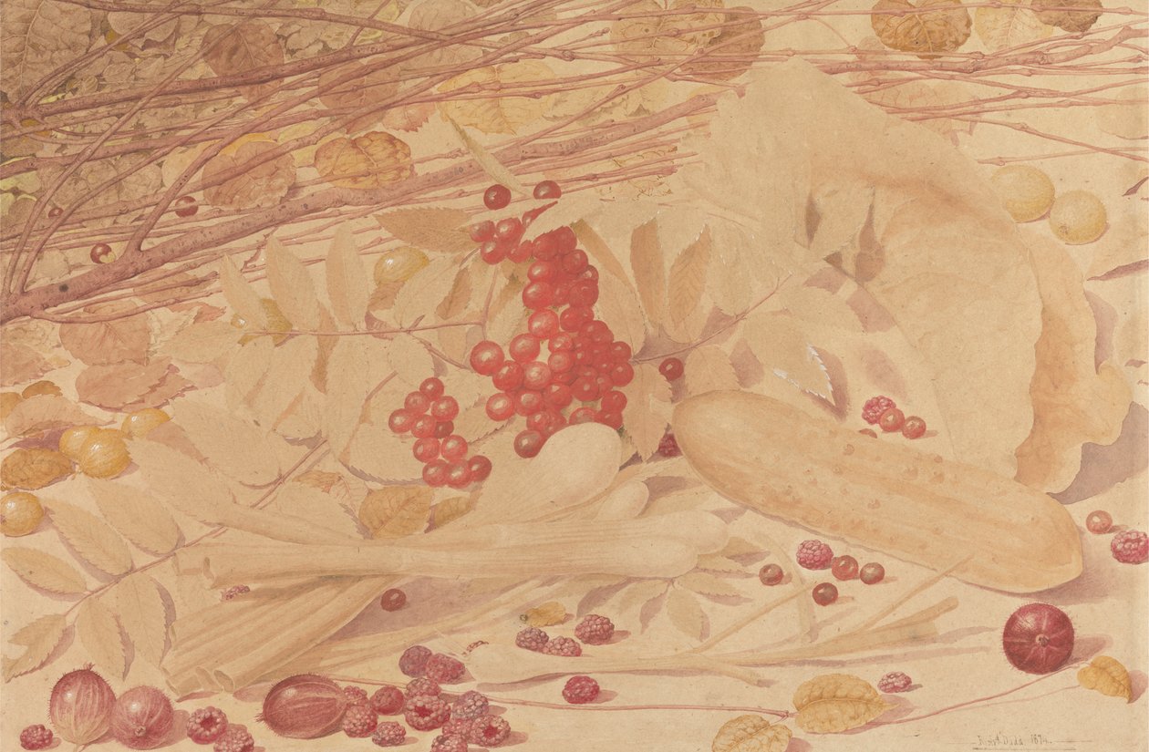Stilleben med stikkelsbær, hindbær, ribs, forårsløg, en cornichon og løv af Richard Dadd