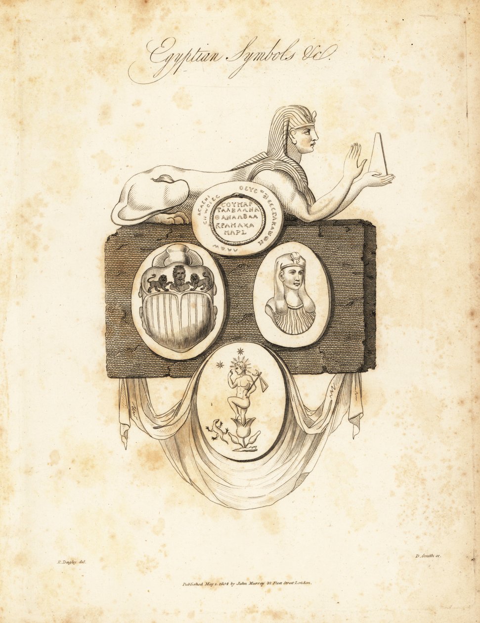 Egyptisk sphynx, skarabeebille, Horus, etc, 1823 (gravering) af Richard Dagley
