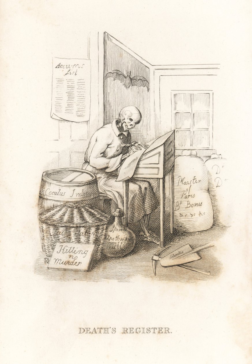 Dødens skelet og hans hovedbog. ,1827 (gravering) af Richard Dagley