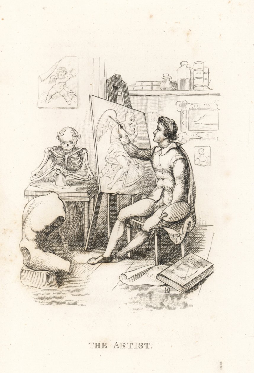 Dødens skelet og kunstneren., 1827 (gravering) af Richard Dagley