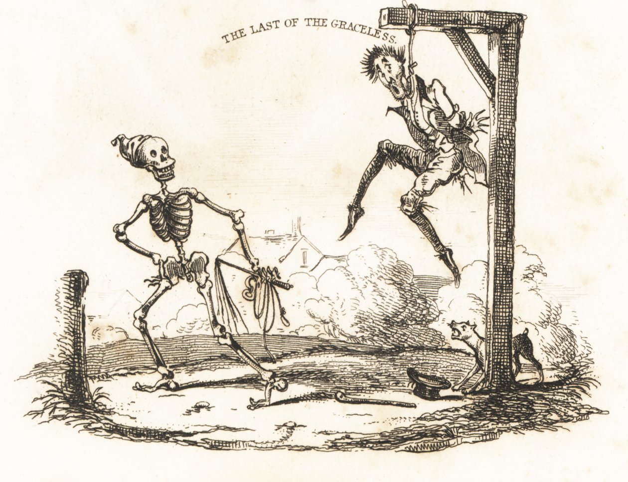 Vignette af et skelet og en mand, der hænger fra en gibbet., 1827 (gravering) af Richard Dagley