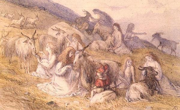 Piger kæmmer skæg af geder (akvarel & pen og brunt blæk) af Richard Doyle