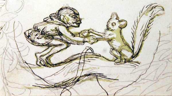 Goblin and Squirrel (pen, blyant og vask på papir) af Richard Doyle
