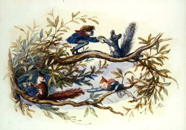 Nisser og egern (akvarel på papir) af Richard Doyle