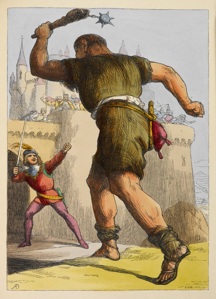 Jack klar til at kæmpe mod en kæmpe uden for et slot. Farveillustration i en børnebog. af Richard Doyle