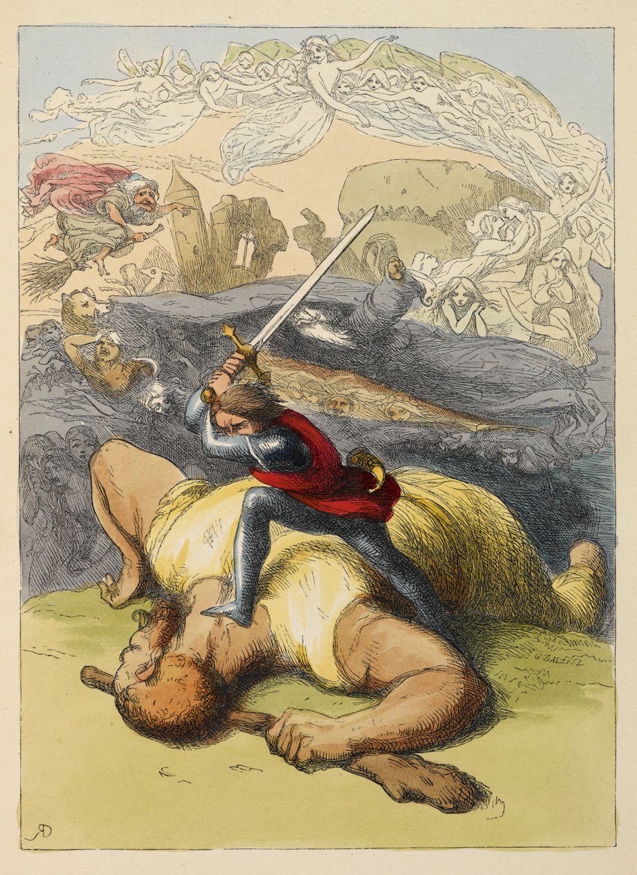 Jack stående på kroppen af en kæmpe, med hævet sværd. Farveillustration i en børnebog. af Richard Doyle