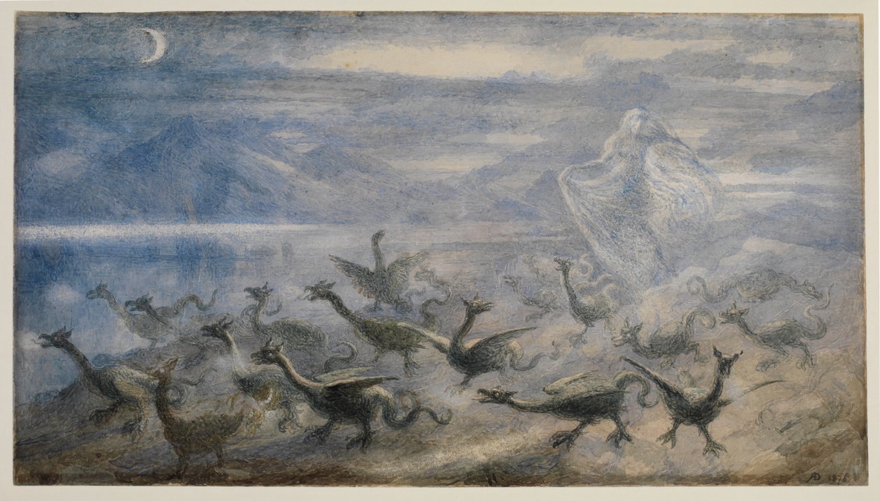 Månebelyst landskab, med en heks og unge drager, 1876 af Richard Doyle