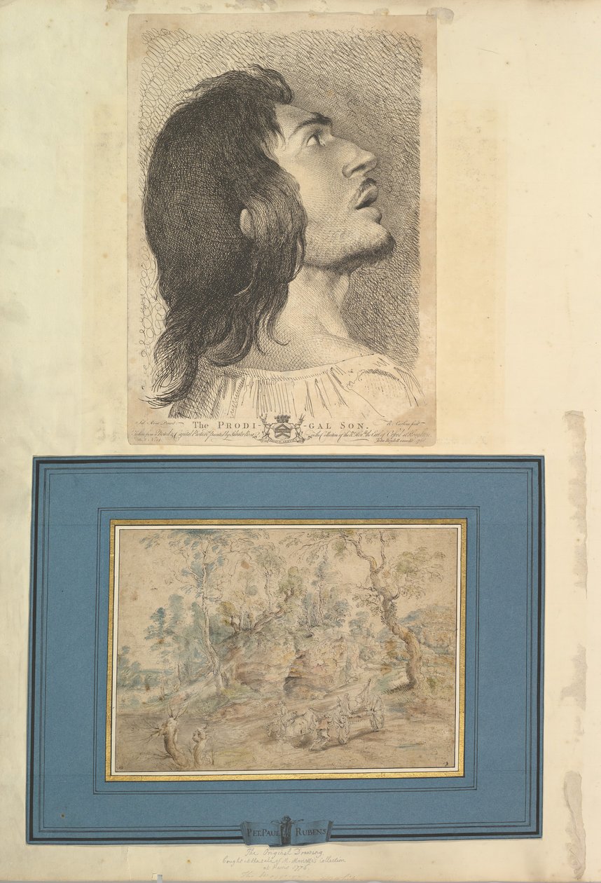 Blad fra Aedes Walpolianae monteret med et tryk og en tegning a: Head in Profile..., 1620-1766 af Richard Earlom