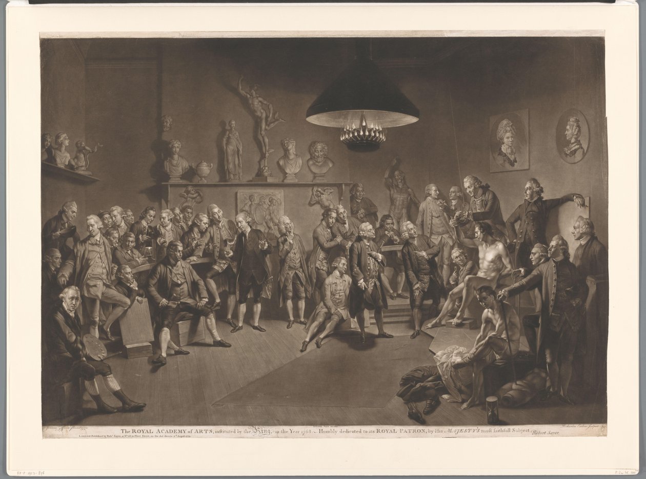 Medlemmer af Royal Academy i et interiør med en nøgen mandlig model, 1768 Det Kongelige Kunstakademi, indstiftet af kongen, i år 1768 (titel på objekt) af Richard Earlom