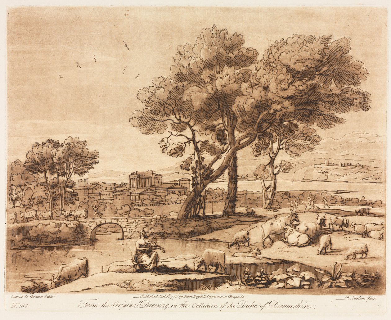 Liber Veritatis: No. 135, A Landscape, with Buildings, Mercury Stealing Admetusss Cattle..., 1776. af Richard Earlom