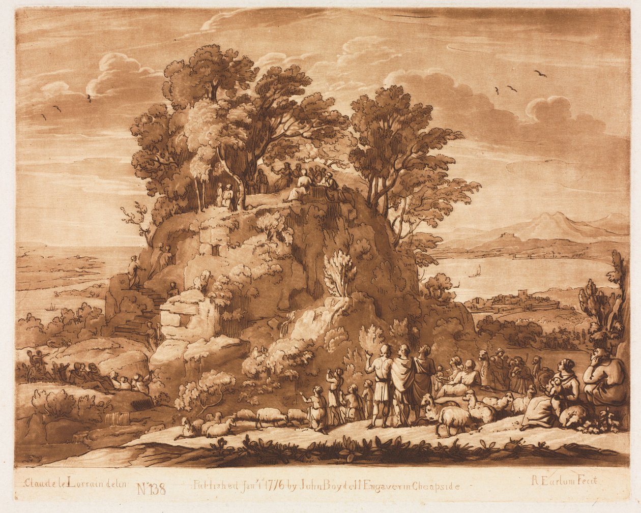 Liber Veritatis: Nr. 138, Udsigt over havet, med Kristus prædikende på bjerget..., 1776. af Richard Earlom
