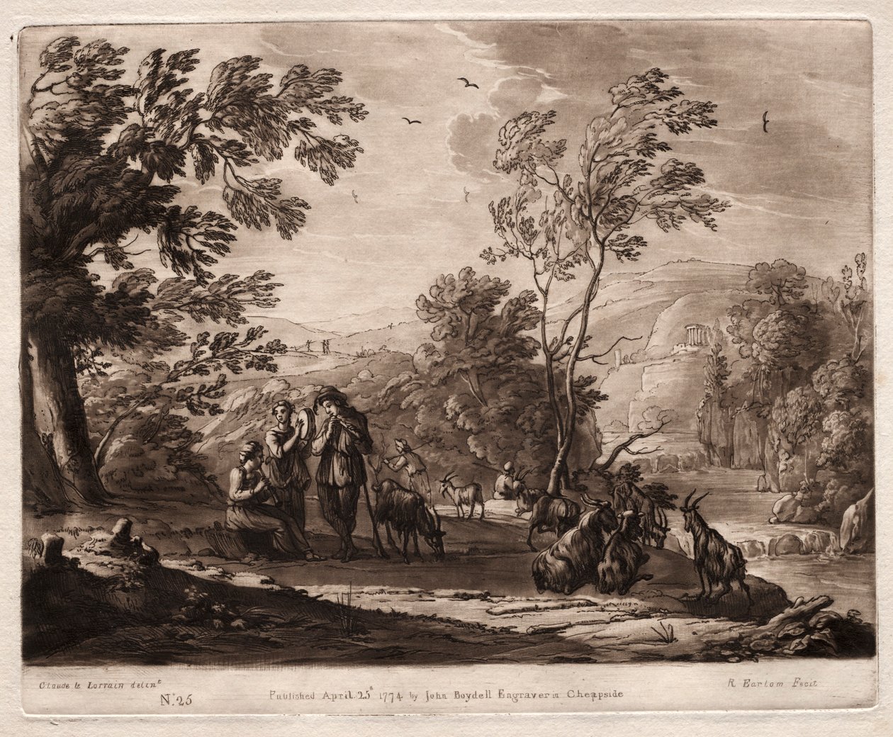 Liber Veritatis: Nr. 25, Et bjergrigt og skovklædt landskab med hyrder..., 1774. af Richard Earlom