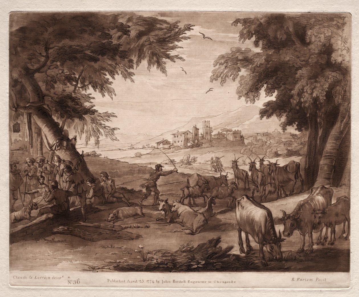 Liber Veritatis: nr. 36, pastoral scene med landsbyboere og en flok okser og geder af Richard Earlom