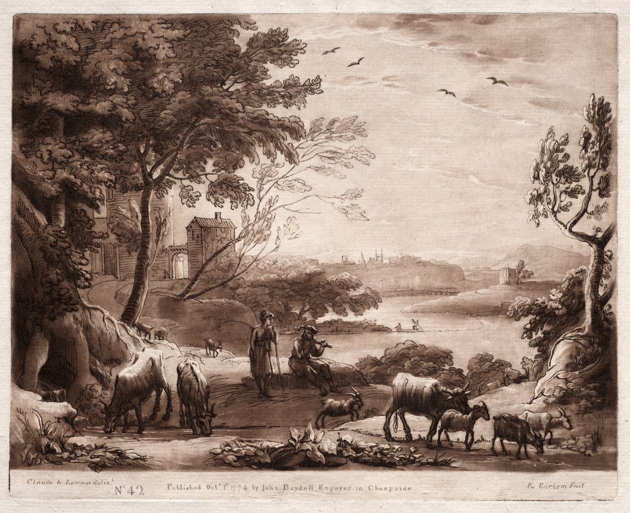 Liber Veritatis: nr. 42, Et flodlandskab med en hyrde og hyrde..., 1774. af Richard Earlom