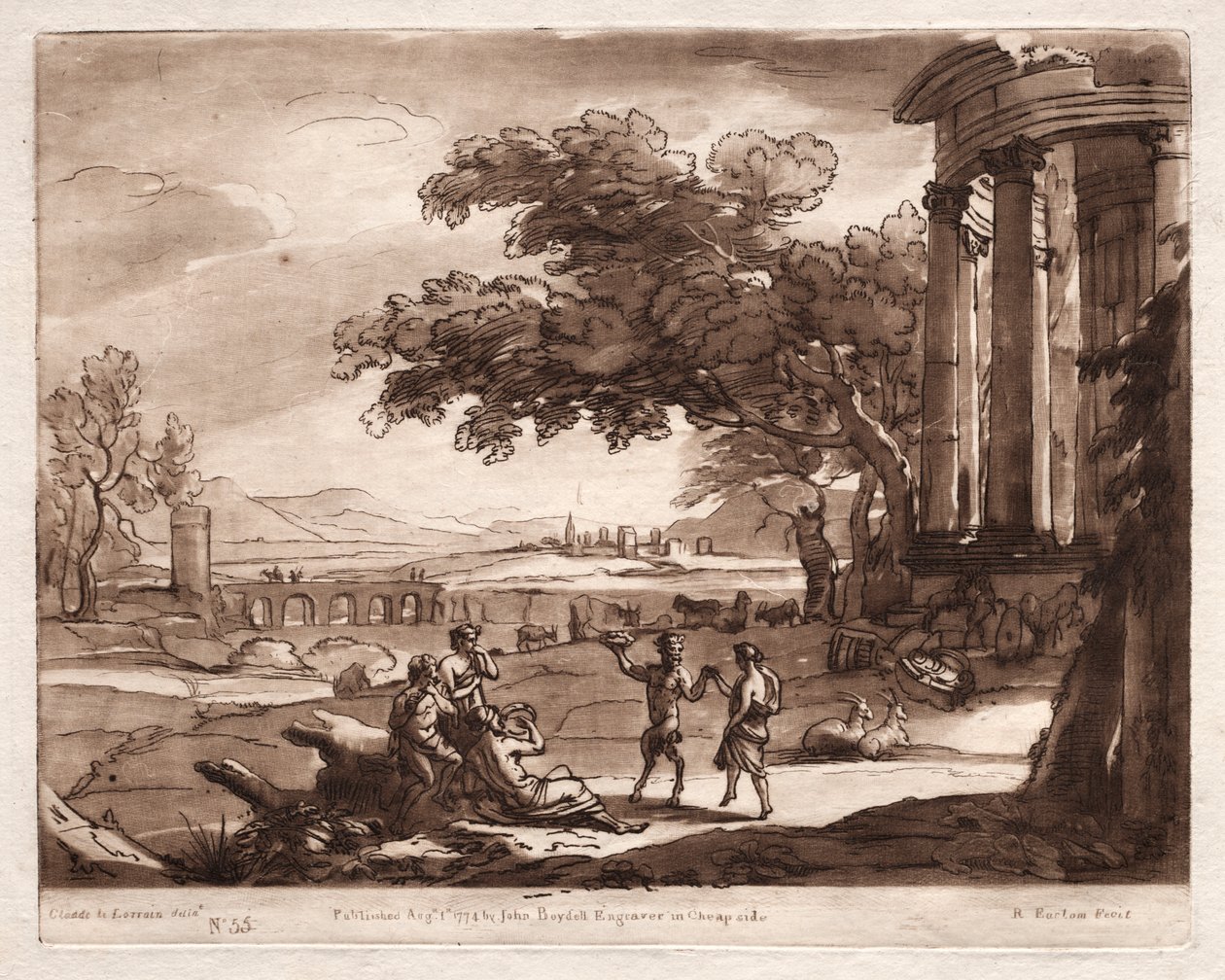 Liber Veritatis: Nr. 55, Et landskab med et tempel og en nymfe og satyrdans af Richard Earlom