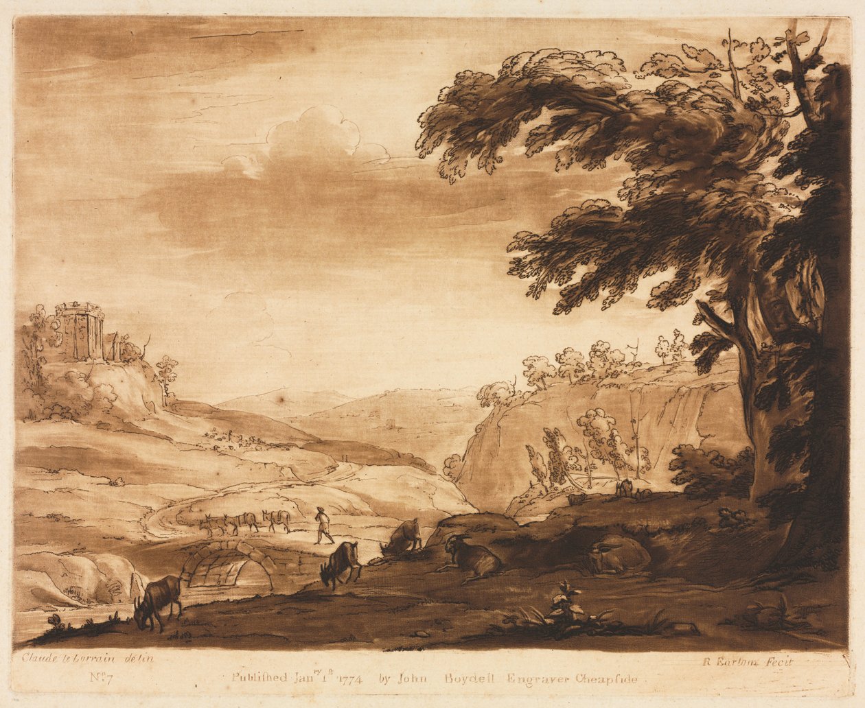 Liber Veritatis: No. 7, An Island Scene of a Mountainous Country with Cattle, 1774. af Richard Earlom
