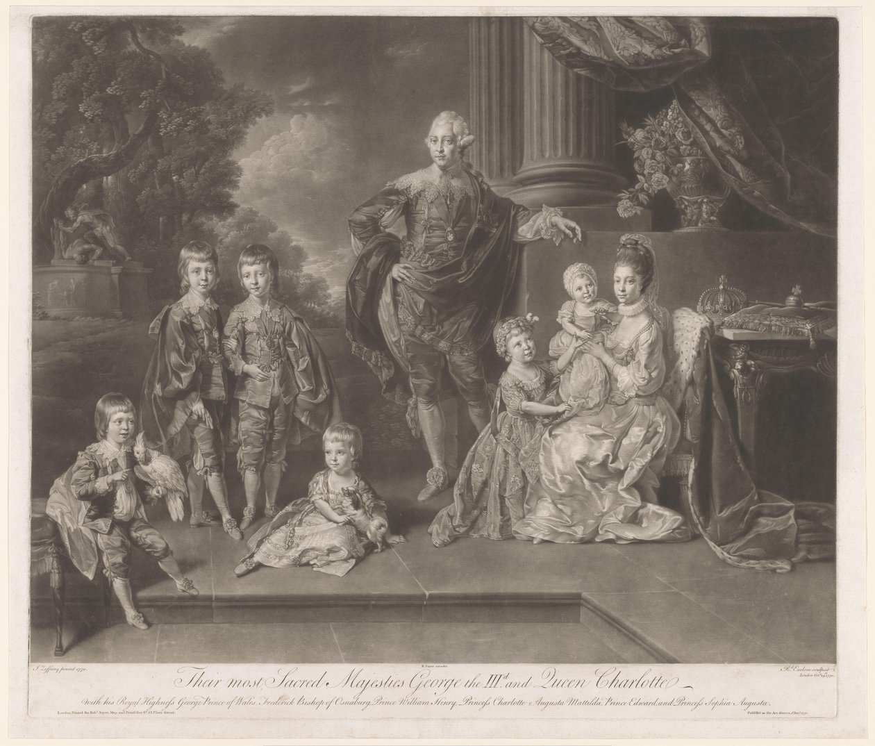 Portræt af George III, konge af Det Forenede Kongerige, og hans familie Deres allerhelligste Majestæter George den IIId og Dronning Charlotte (titel på objektet) af Richard Earlom