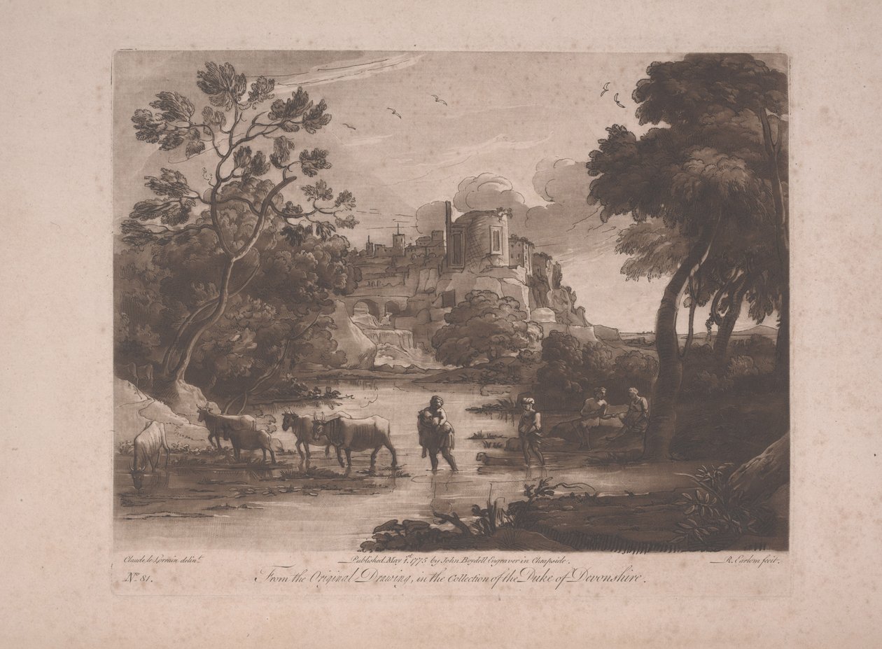 Udsigt over Tivoli ved solnedgang, udgivet 1775 (mezzotint med radering) af Richard Earlom