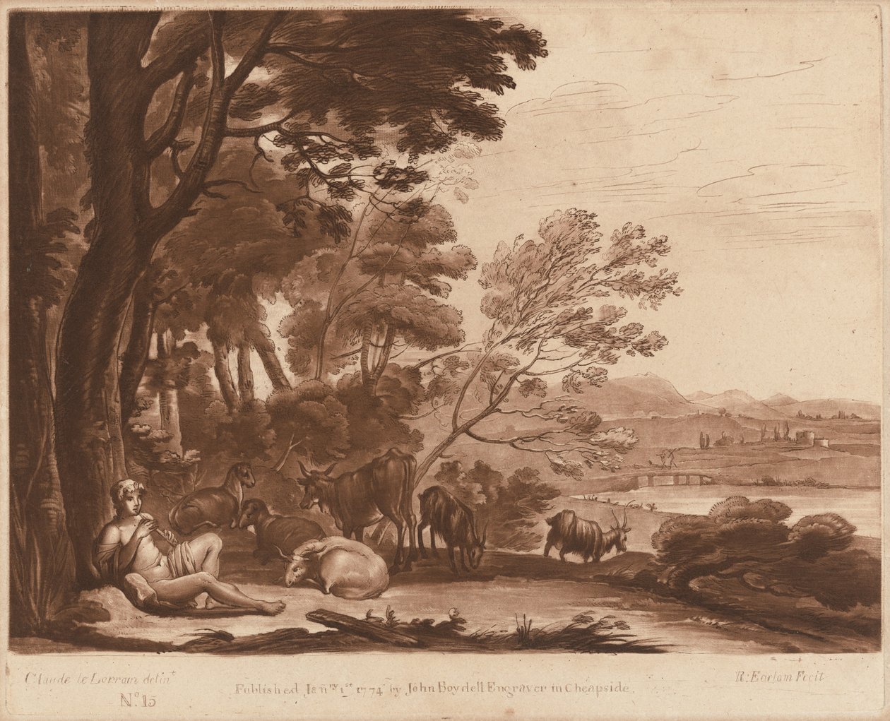 Landskabsnr. 15 fra "Sandhedens Bog" af Richard Earlom after Claude Lorrain