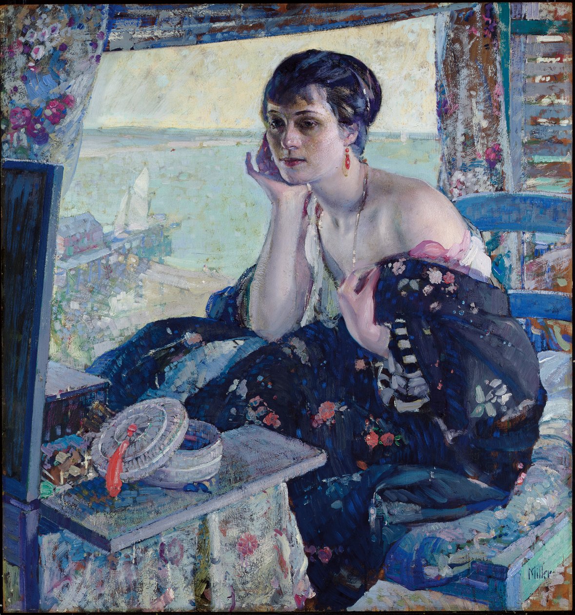 Kvinde ved et vindue (olie på panel) af Richard Emil Miller
