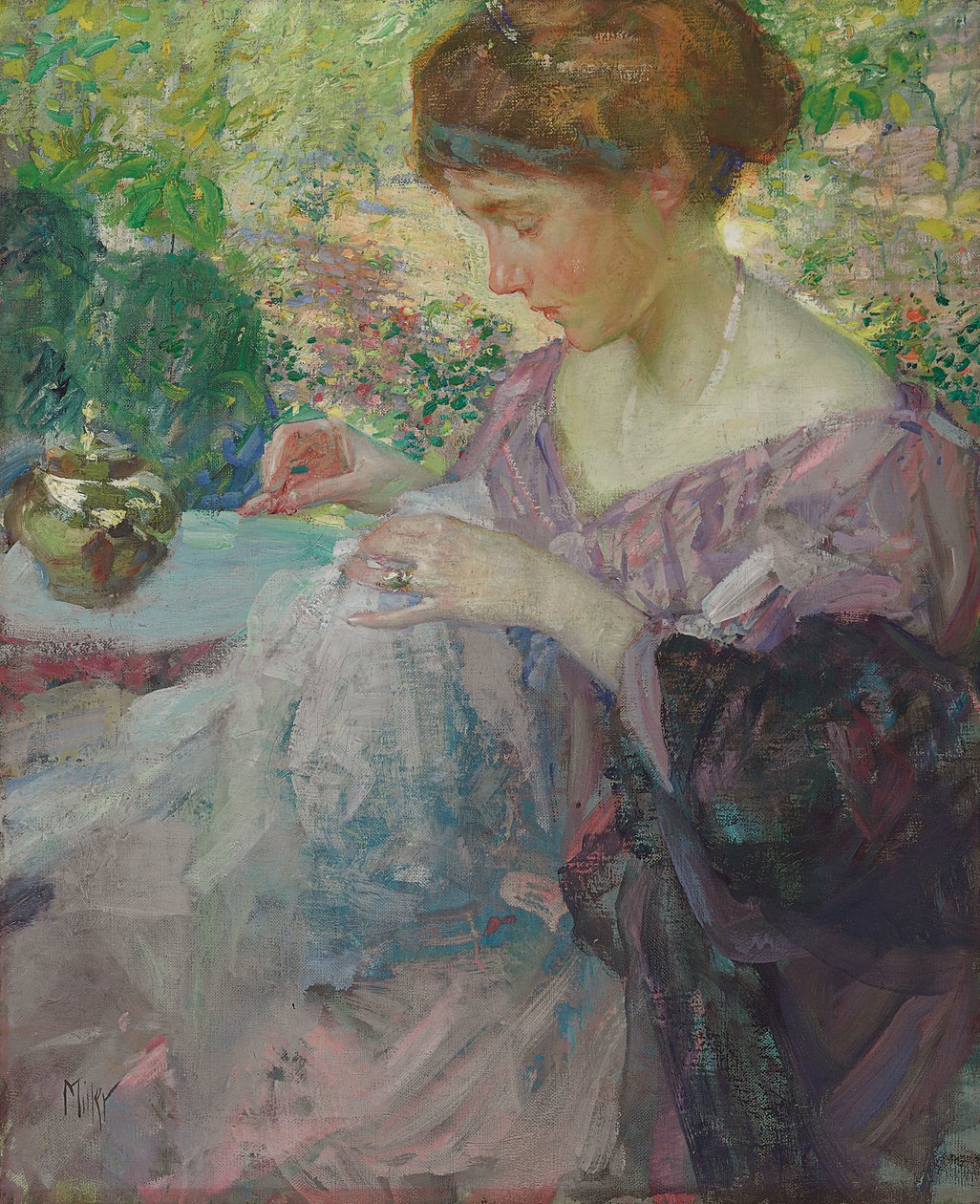 Ung kvinde syning (olie på lærred) af Richard Emil Miller