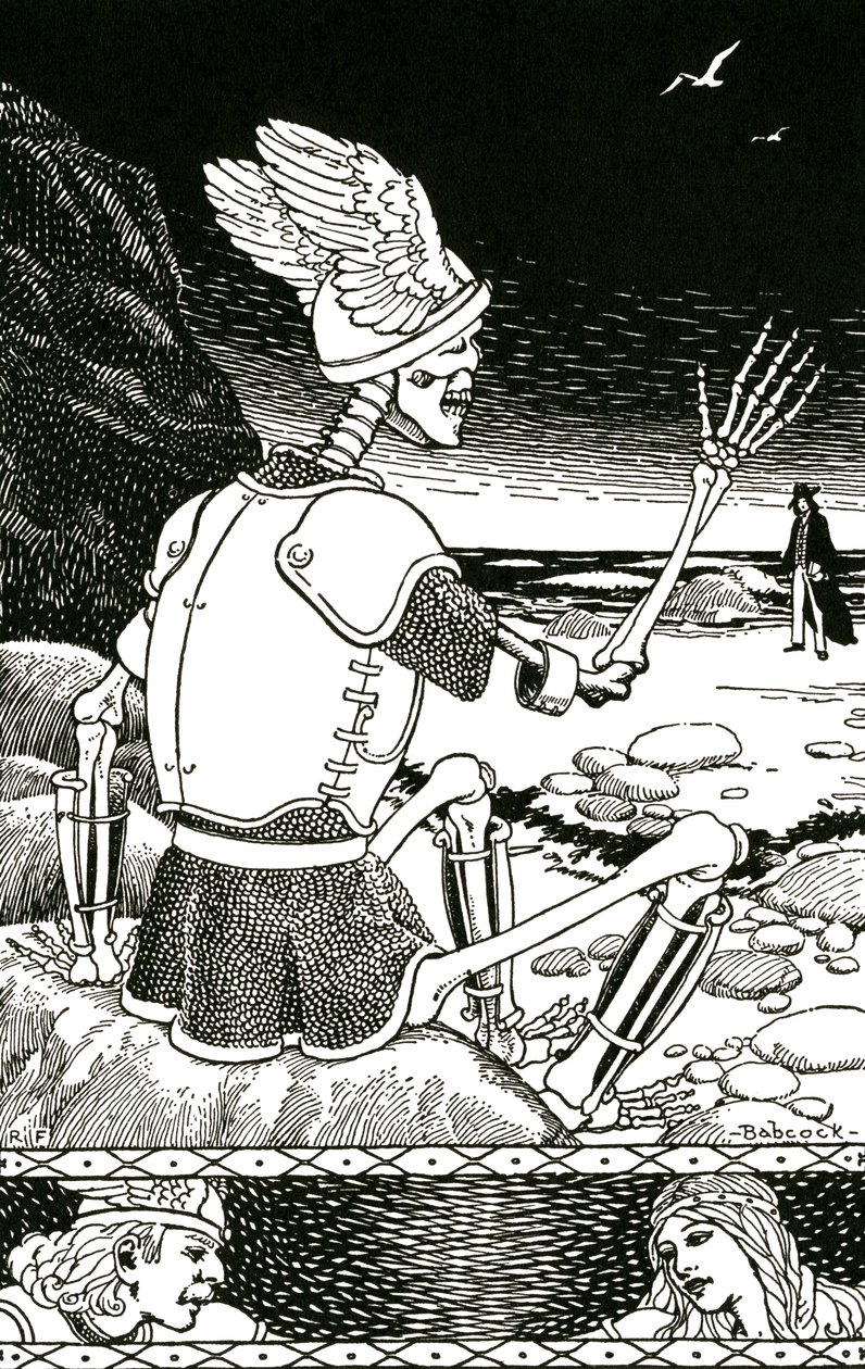 Døden som et skelet, der tager afsked med en mand, ca. 1930 (litografi) af Richard Fayerweather Babcock