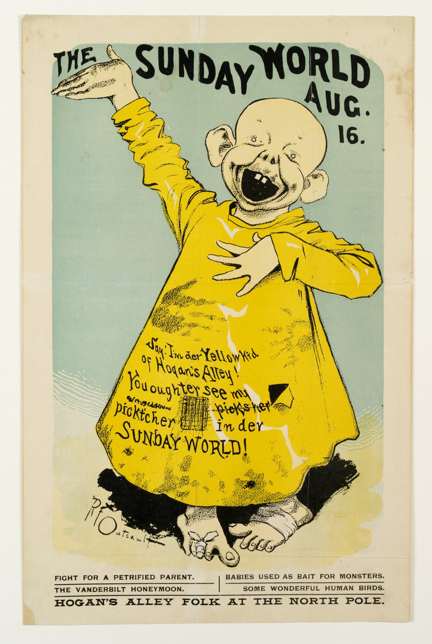 The Sunday World 16. august: Say, Im der Yellow Kid fra Hogans Alley..., ca. 1895-98 litho af Richard Felton Outcault