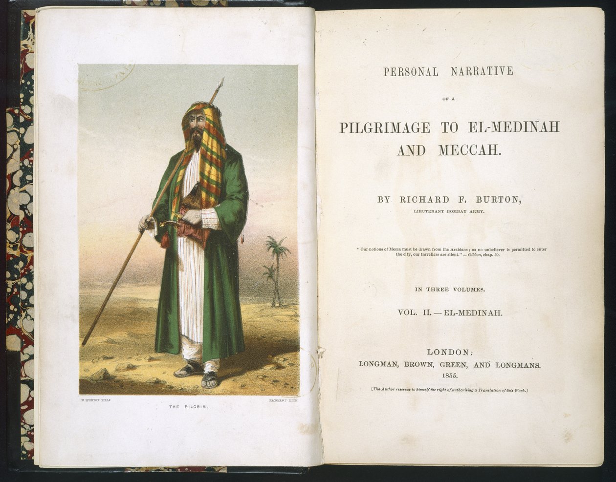 Titelside til Richard F. Burton, "Rapport om min pilgrimsrejse til Medina og Mekka", bind lI., 1855 af Richard Francis Burton