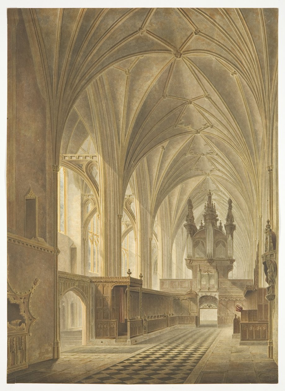 The Choir of Bristol Cathedral, Looking West (håndfarvet akvatint) af Richard G. Reeve