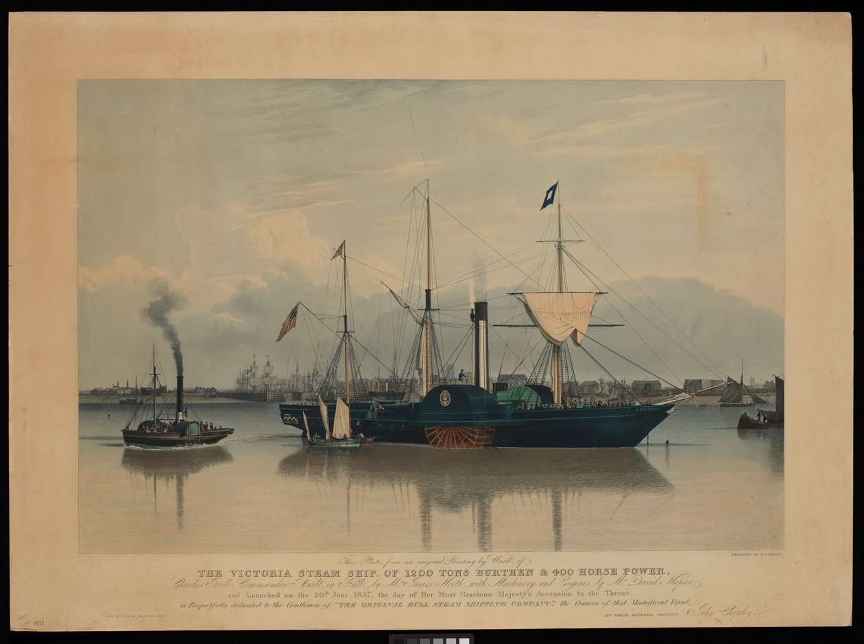 Denne plade, fra et originalt maleri af Ward, af dampskibet Victoria, med en vægt på 1200 tons og 400 hestekræfter ... søsat den 20. juni 1837 ... (akvatinte, farvelagt, karton) af Richard G. Reeve