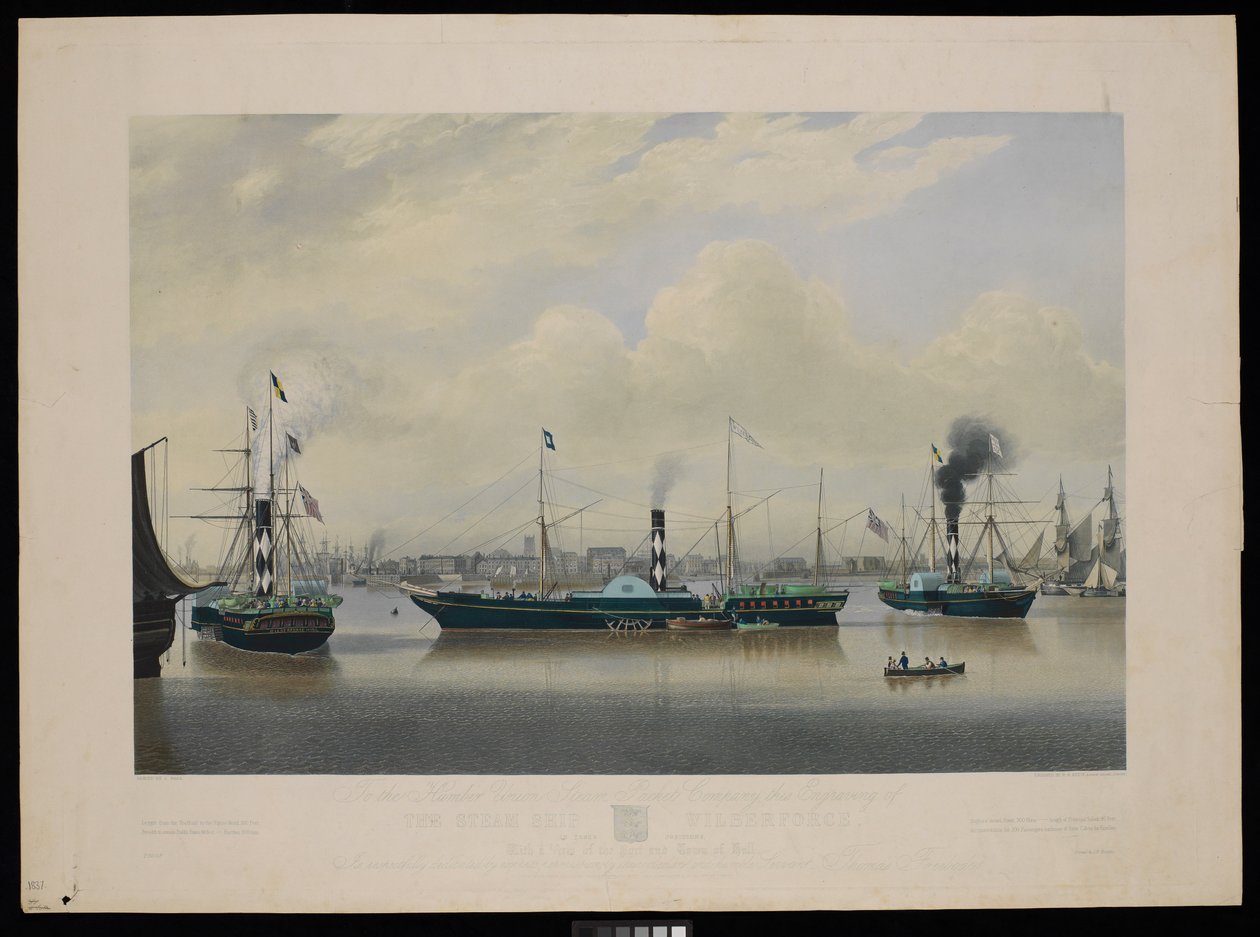 Til Humber Union Steam Packet Company denne gravering af dampskibet Wilberforce i tre positioner med udsigt over havnen og byen Hull... af Richard G. Reeve