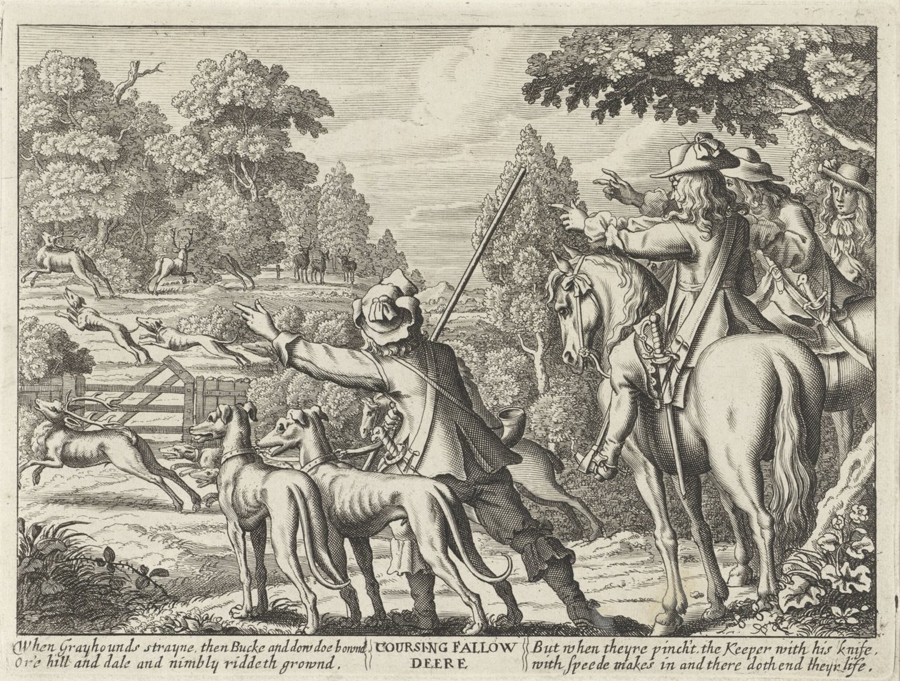 Herten nagejaagd door jachthonden Coursing Fallow Deere (titel på objekt) Jachtpartijen (serietitel) Flere måder at jage, jage og fiske på, ifølge engelsk maner (serietitel) af Richard Gaywood (possibly)