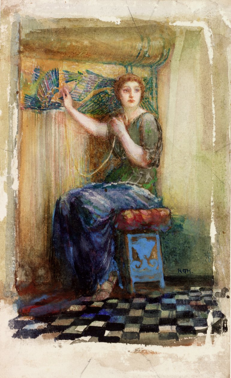 At the Loom akvarel på papir af Richard George Hatton
