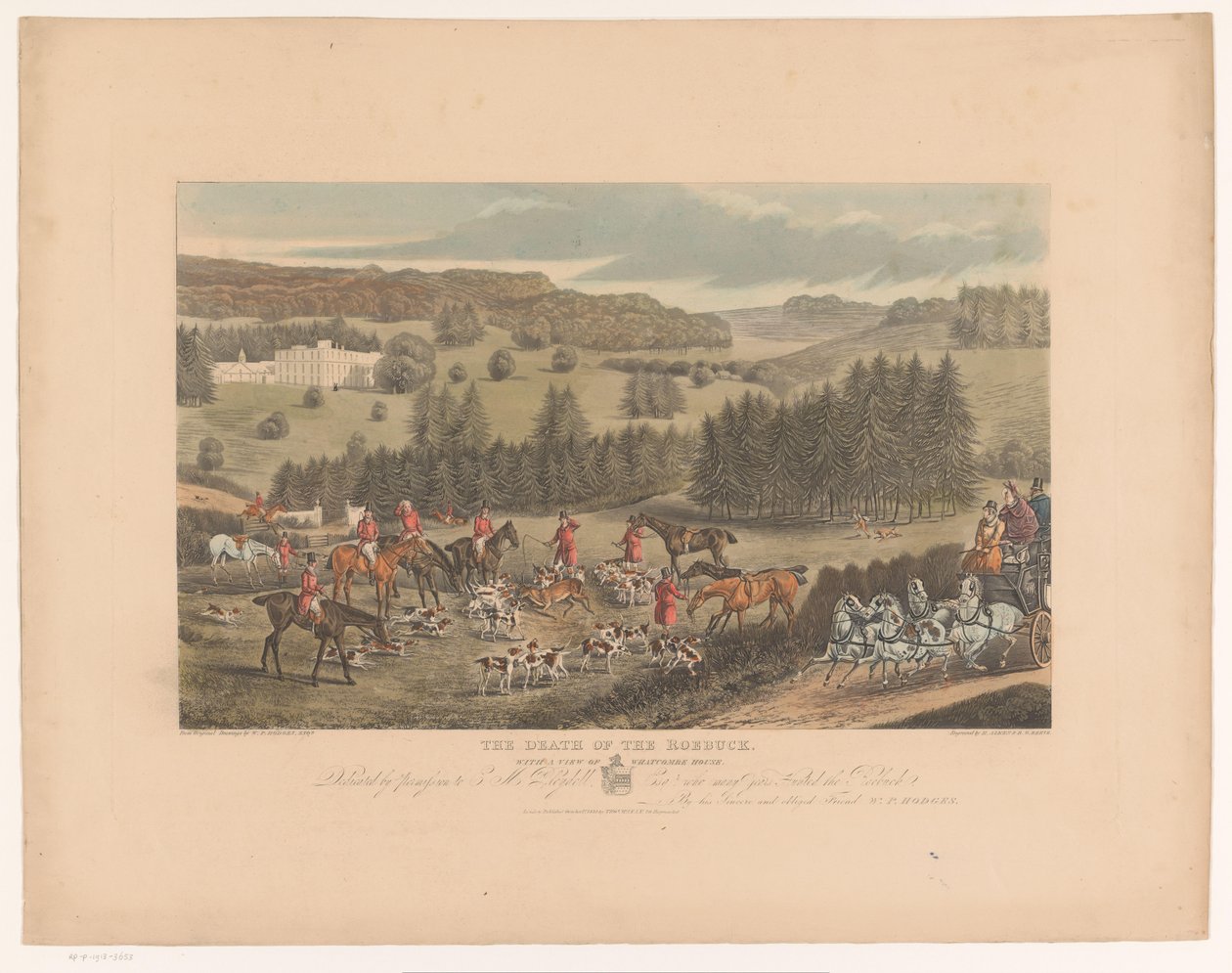 Jægere og hunde omkring en døende hjort nær Whatcombe House The Death of the Roebuck, med udsigt over Whatcombe House (titel på objekt) af Richard Gilson Reeve